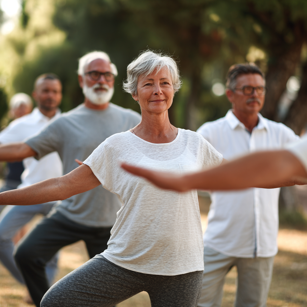 group of middle-aged people doing gentle balance exercises outdoors